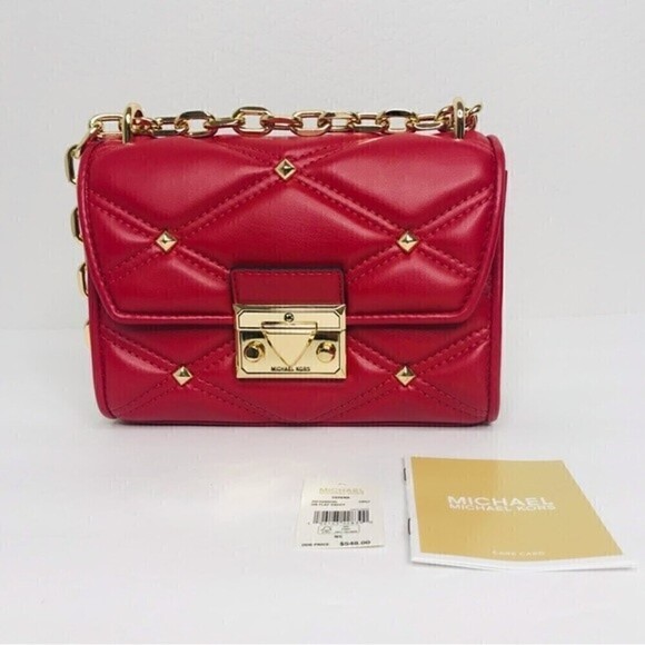 New! Michael Kors SM Flap XBody Serena Chili Quilted Stud Chain Mini Crossbody - Picture 5 of 16